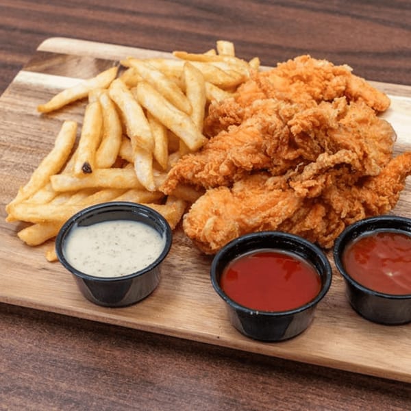 Crispy chicken tenders and golden french fries with three dipping sauces on a wooden board.