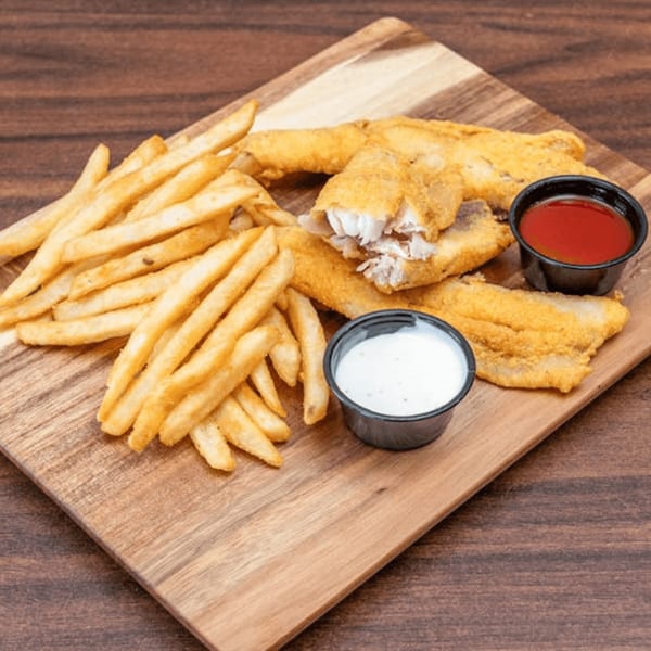 Golden fried fish fillets and french fries with dipping sauces on a wooden board.
