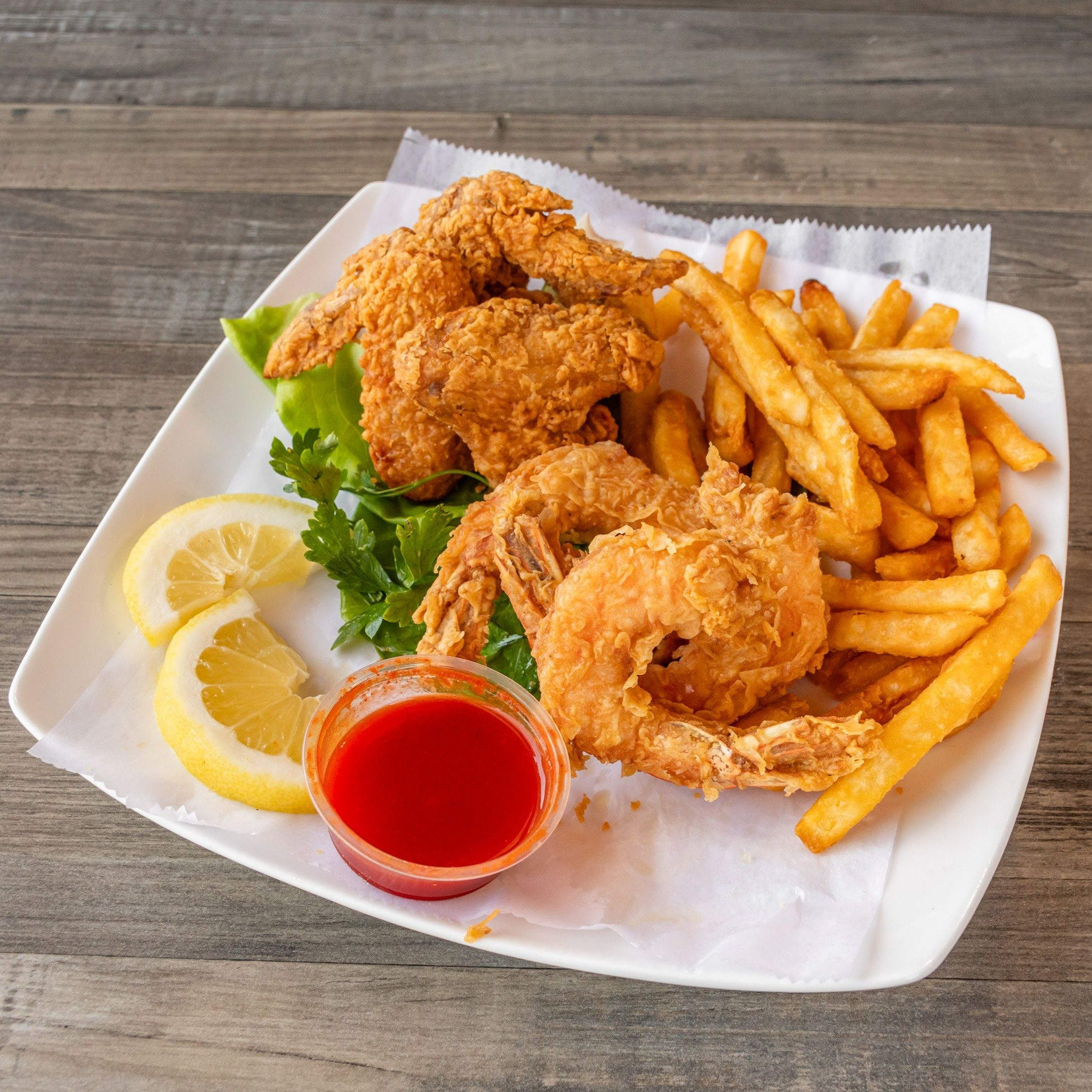 3 Wings + 3 Jumbo Shrimp With Fries.