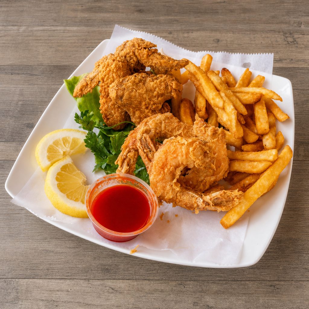 3 Wings 3 Jumbo Shrimp With Fries.