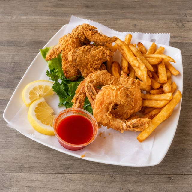 3 Wings 3 Jumbo Shrimp With Fries.