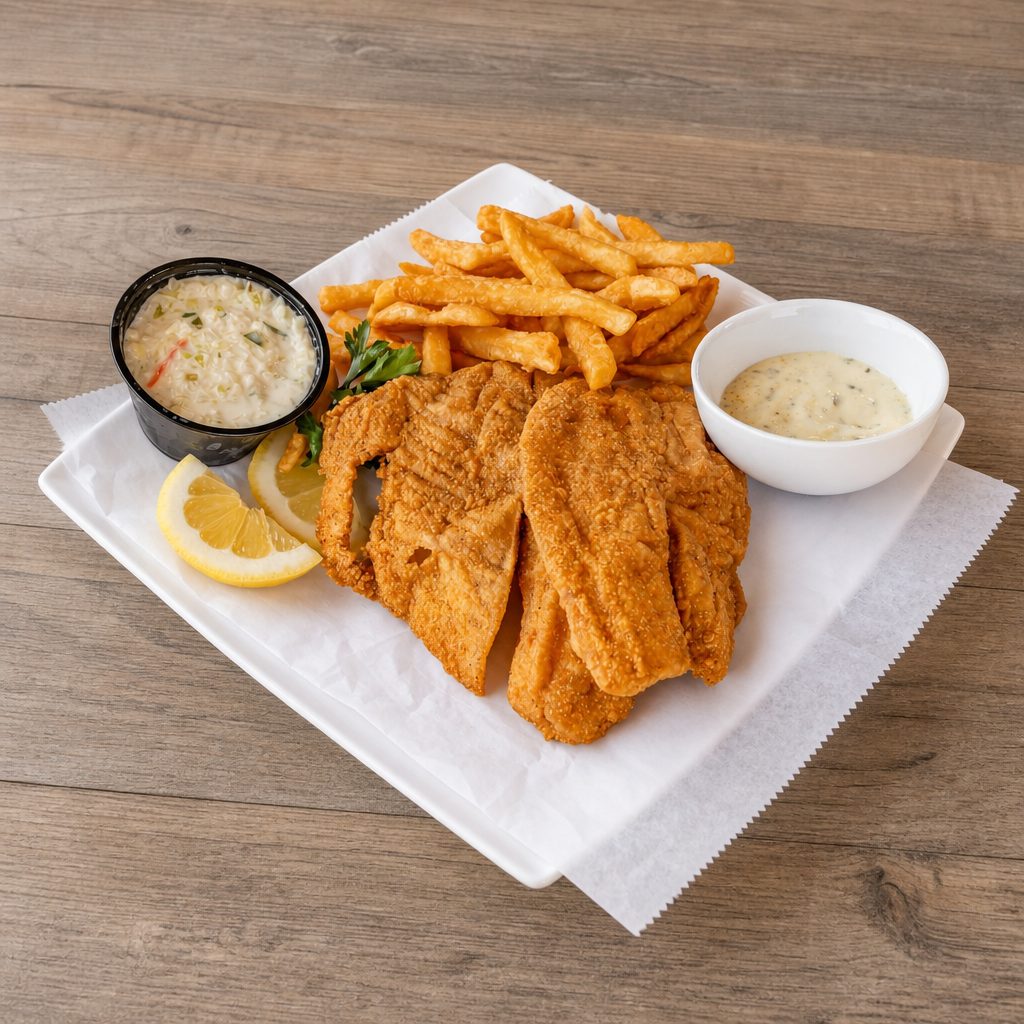 6 Piece Tilapia With Fries And Coleslaw.