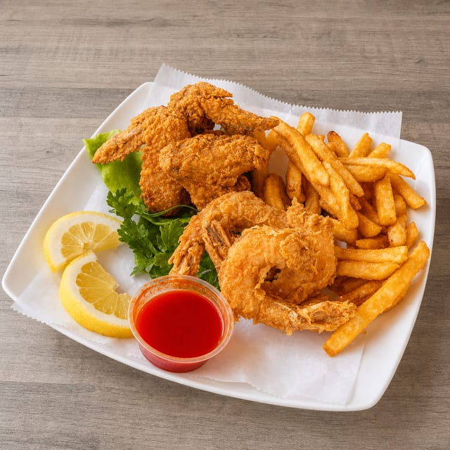 3 Wings + 3 Jumbo Shrimp With Fries.