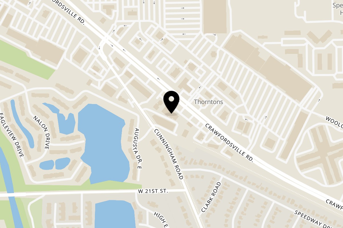 Map showing the location of Jordan's Fish and Chicken Speedway on 5841 Crawfordsville Rd #103 in Indianapolis